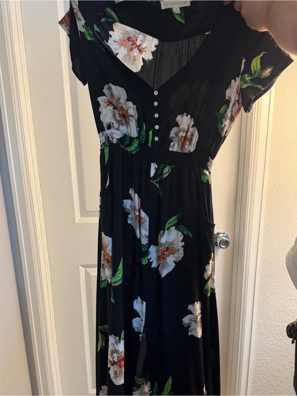 lovestitch Black Maxi Dress with White Floral Print and Green Leaves